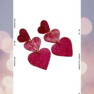 Glittery, dangle heart earrings-Glamour in Pink